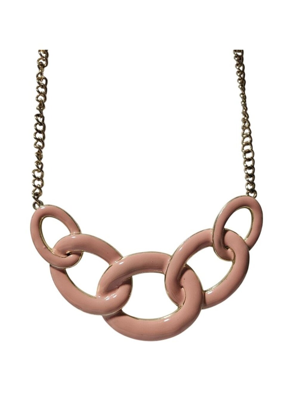 Vintage Chunky Pink Enamel Link Necklace Gold Tone Chain Bold Statement Jewelry